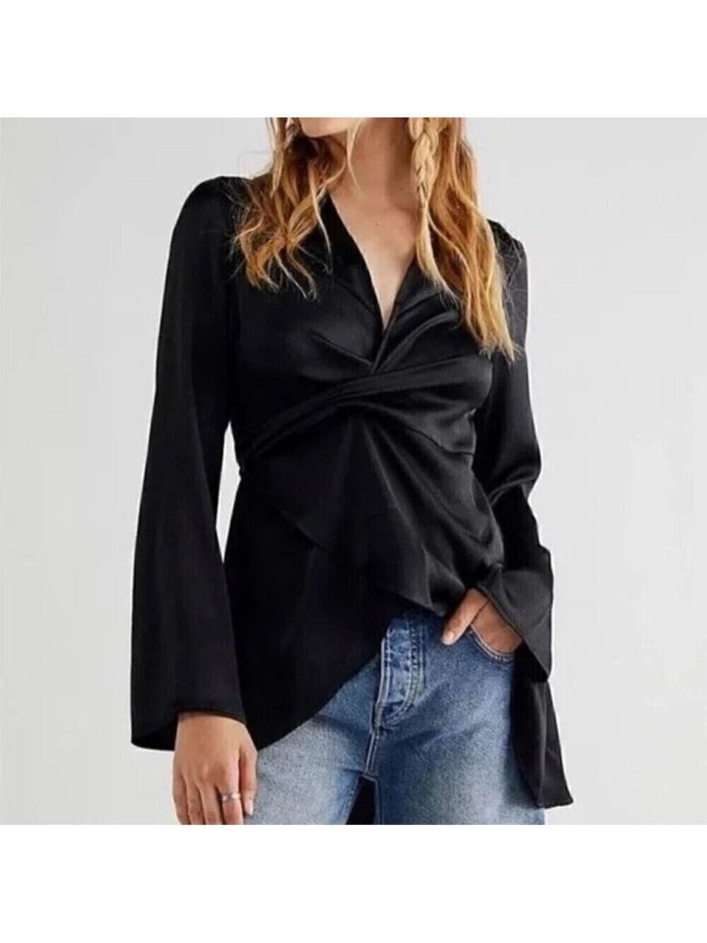 Free People Black Harley Tunic Long Sleeve Wrap Top Size Small